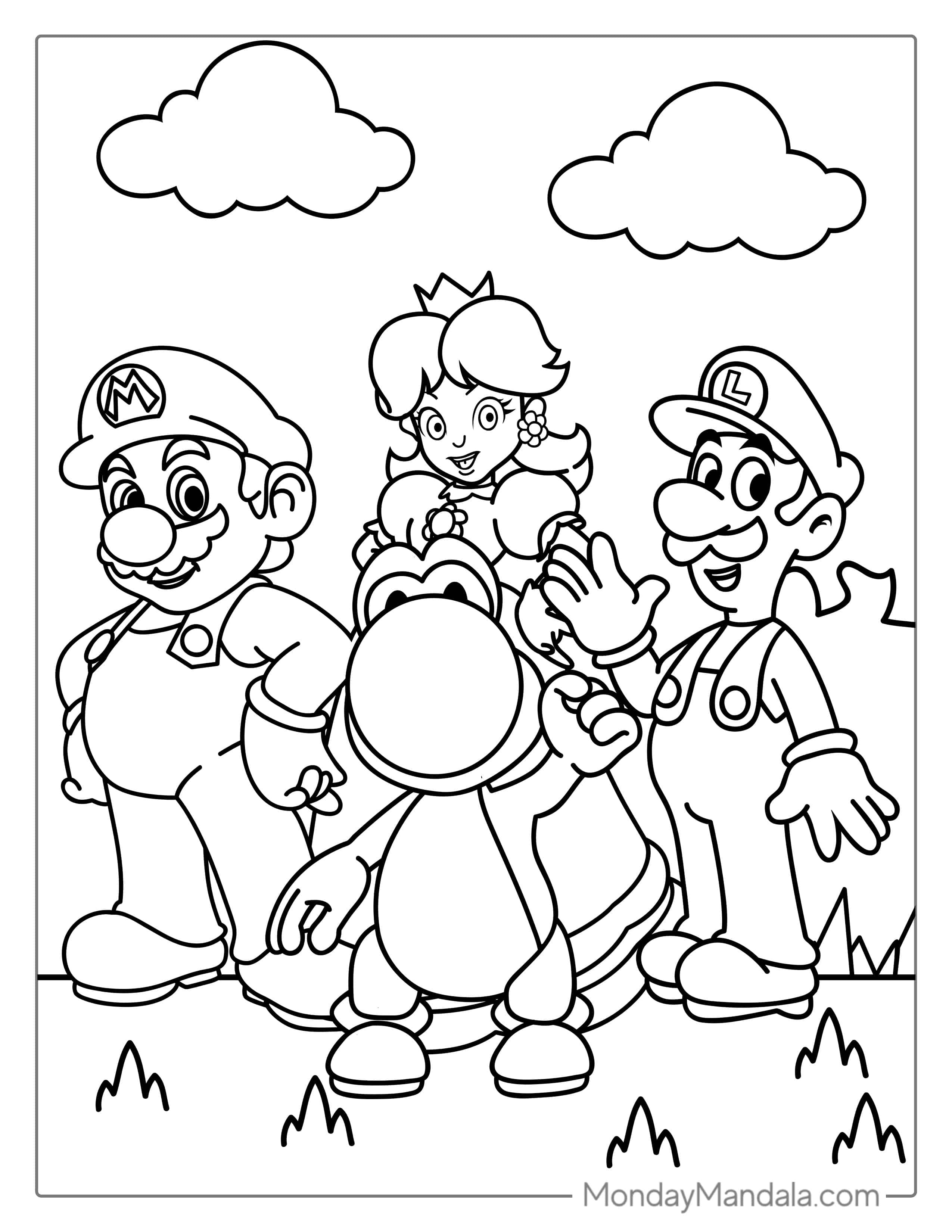Yoshi With Peach, Mario, And Luigi Coloring coloring page