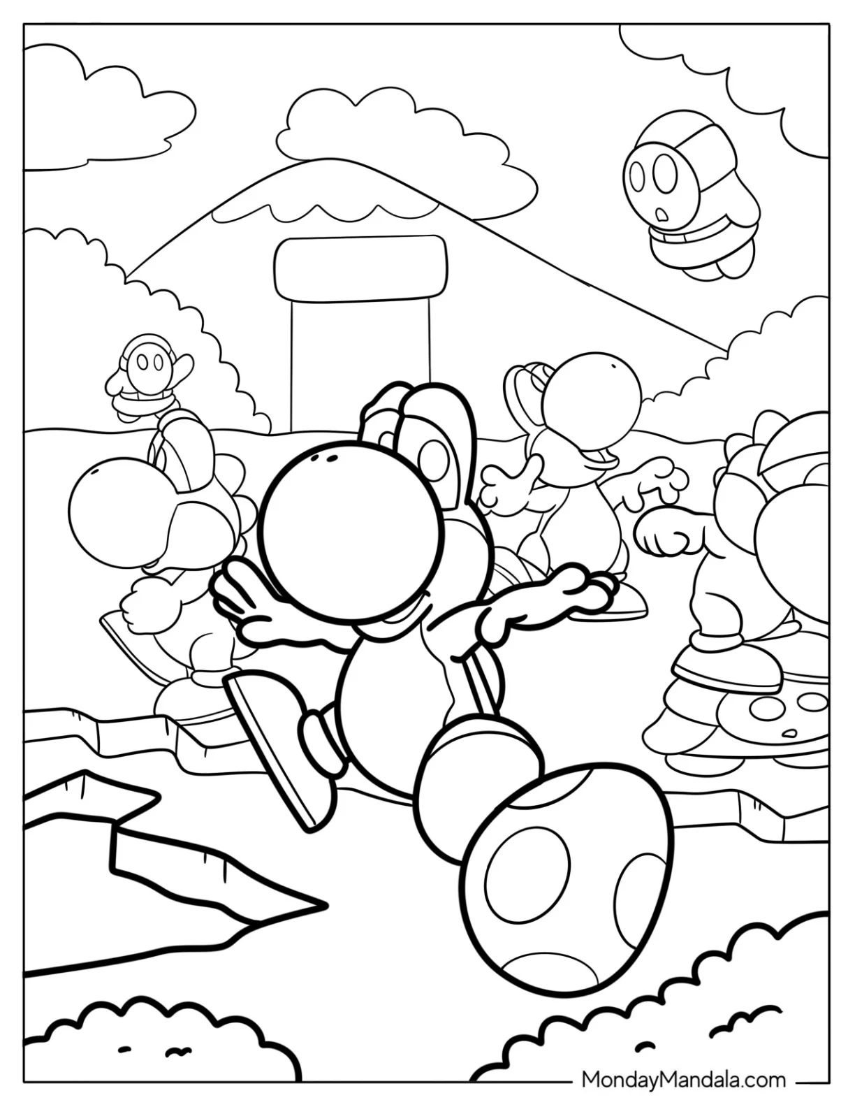 Yoshis With Shy Guys And Lurking Coloring Sheet coloring page