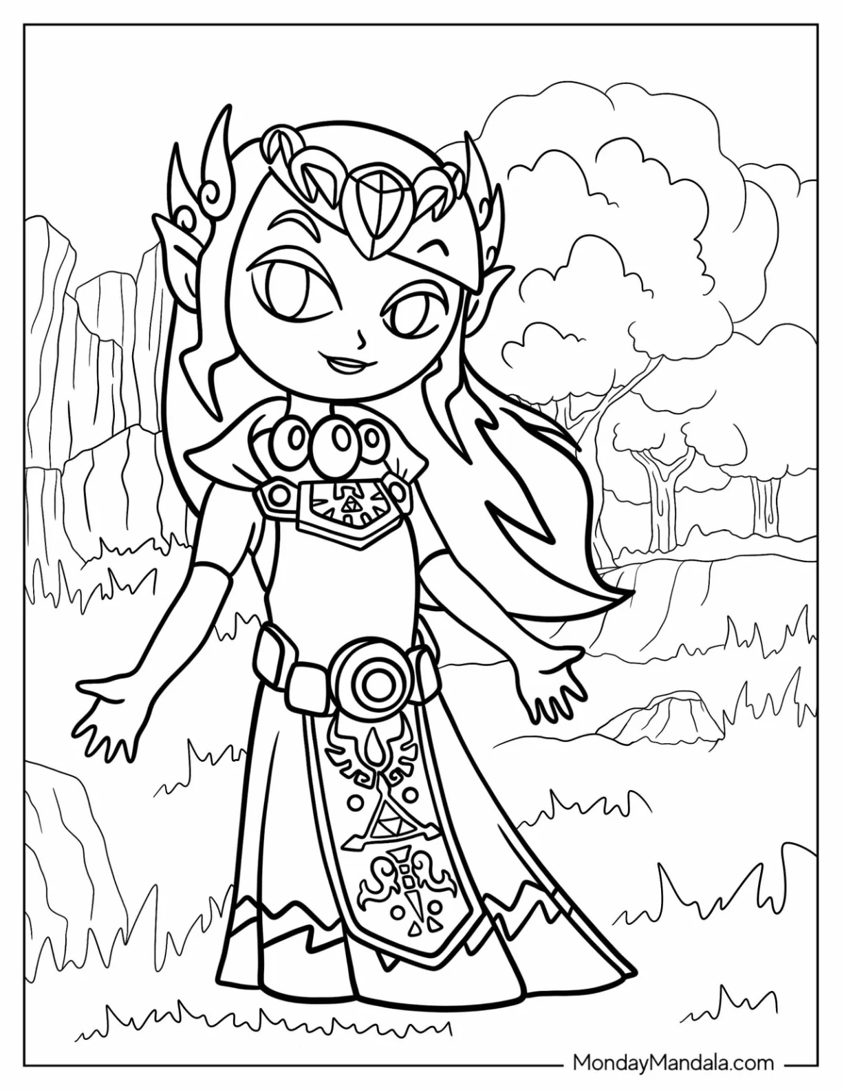 Adorable Kawaii Princess Zelda In A Dress coloring page — printable line art