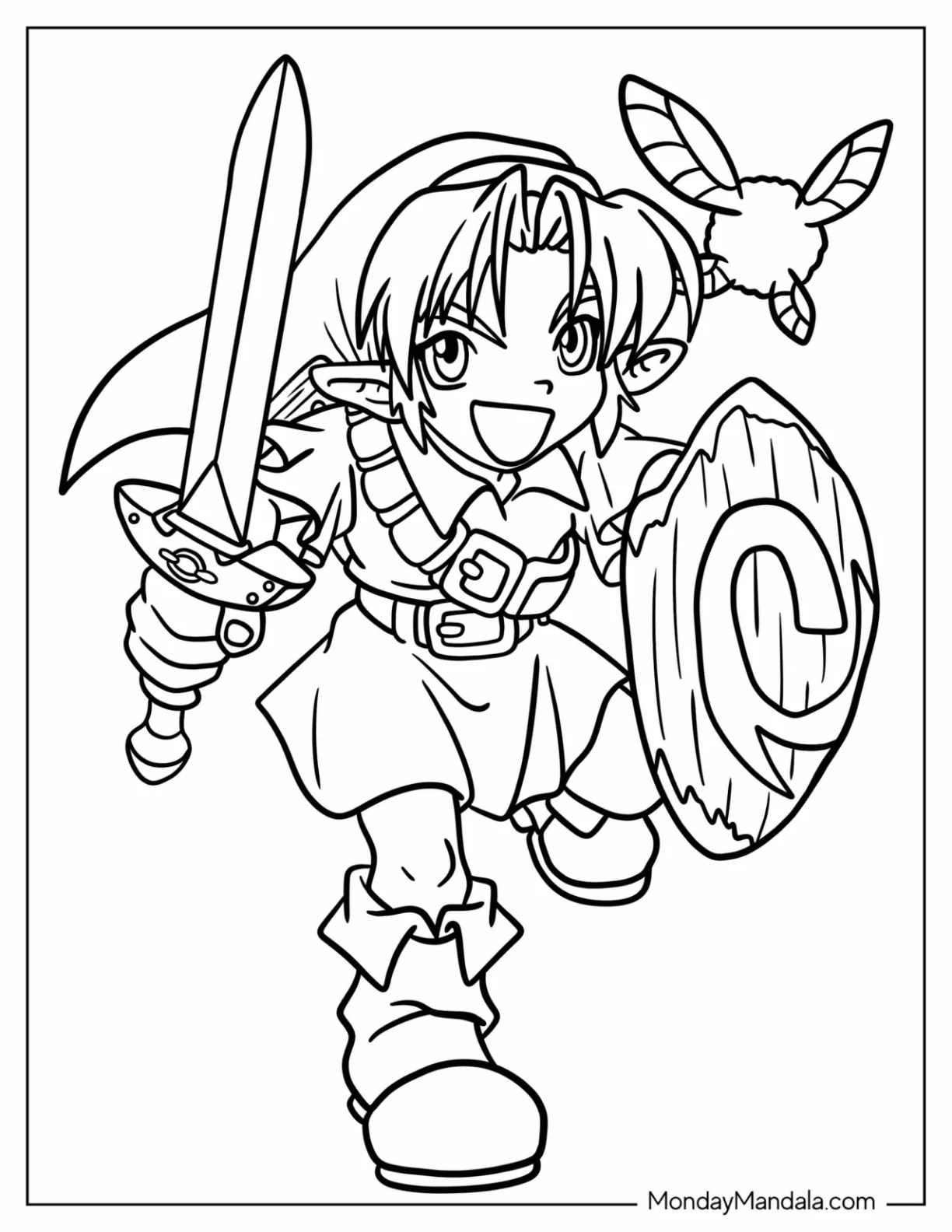 Kawaii Zelda Running With His Sword And Shield Coloring Page For Kids coloring page — printable line art