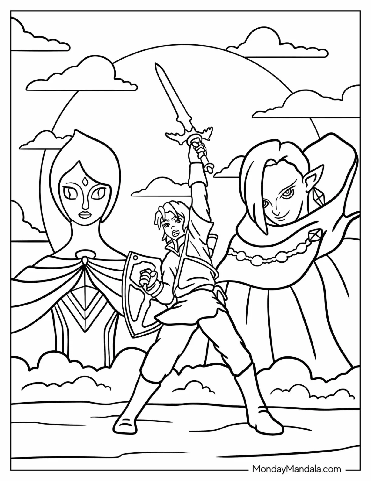 Legend Of Zelda Link Holding Up Sword With Villains At The Back coloring page — printable line art