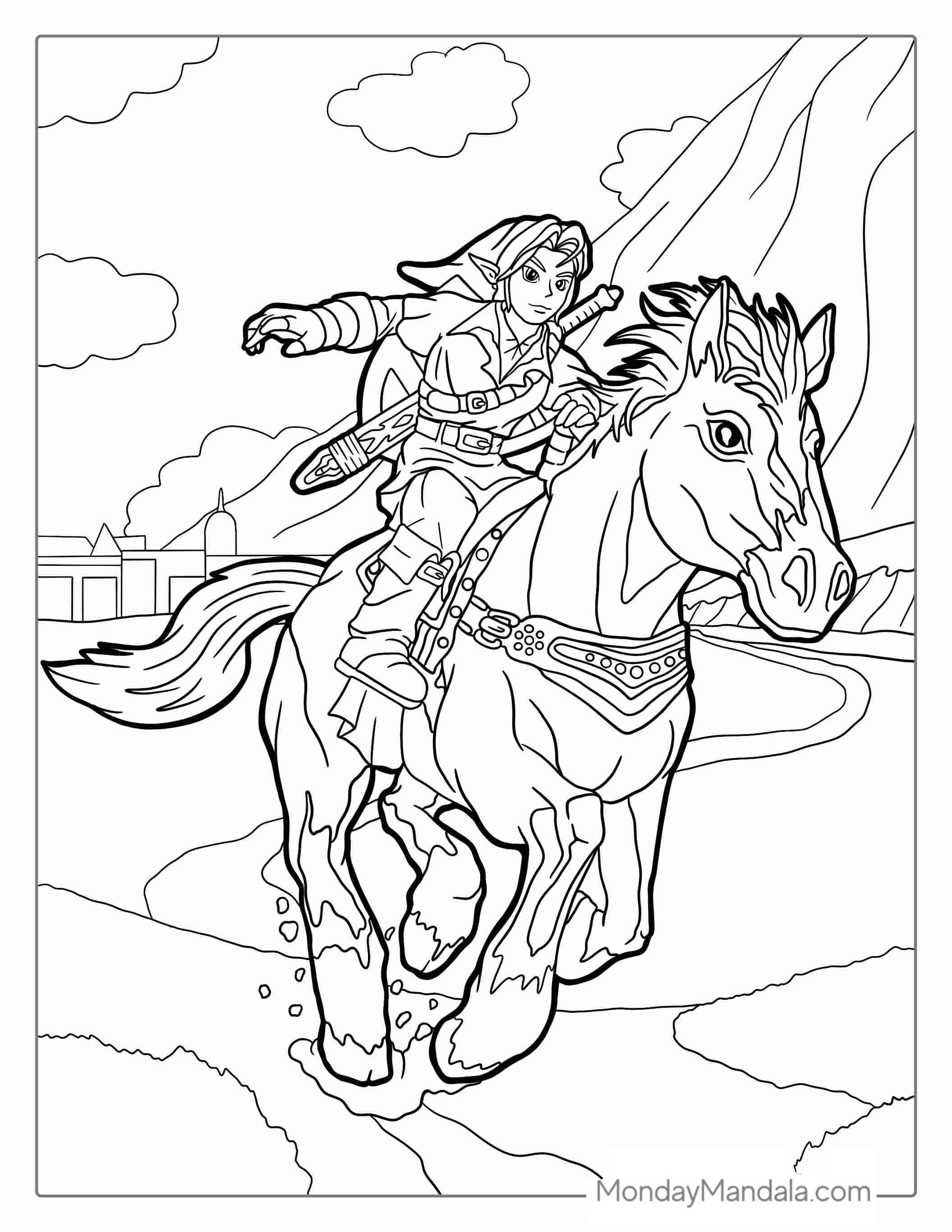 Link Riding A Horse (Epona) Coloring Page coloring page