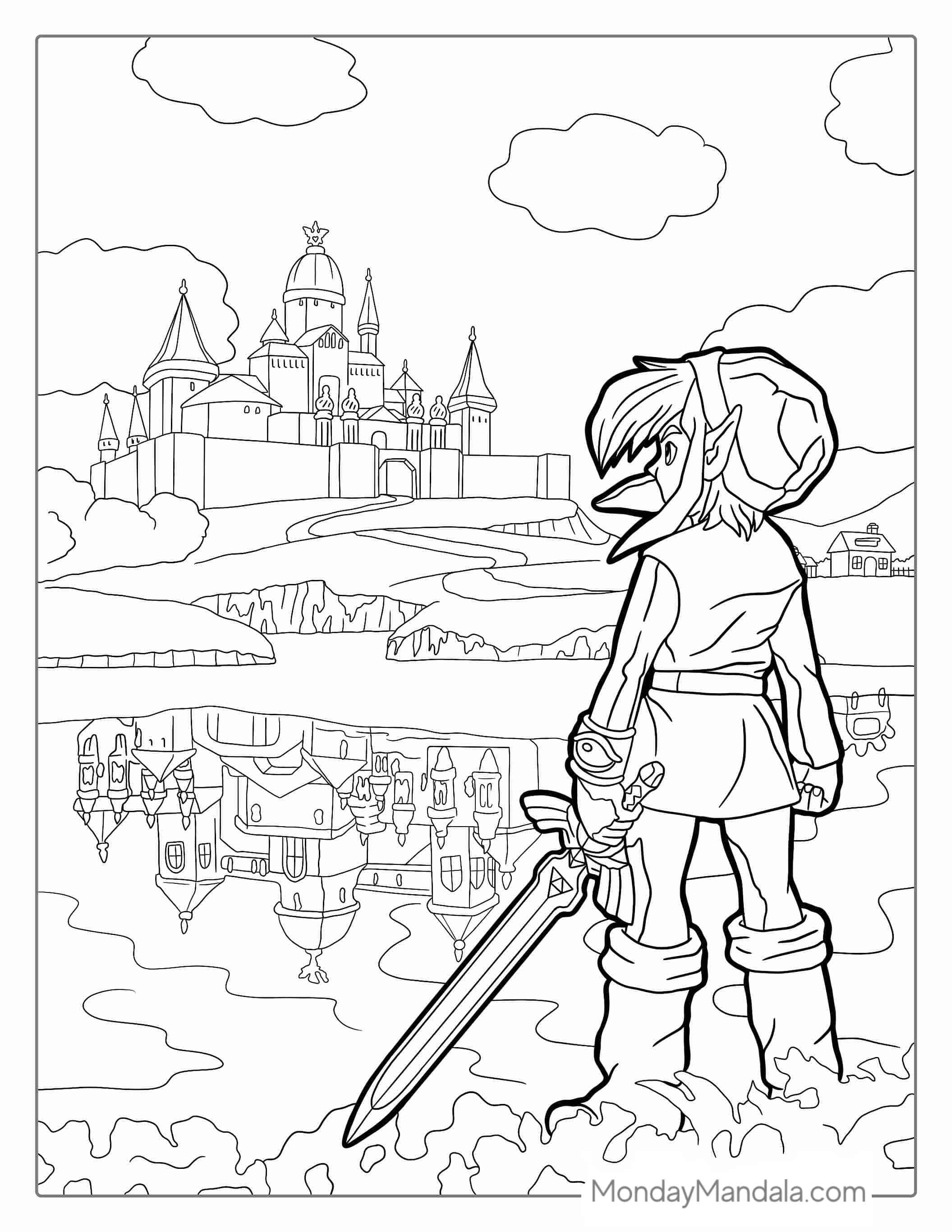 Link Standing In Front Of Hyrule Castle Coloring Page coloring page