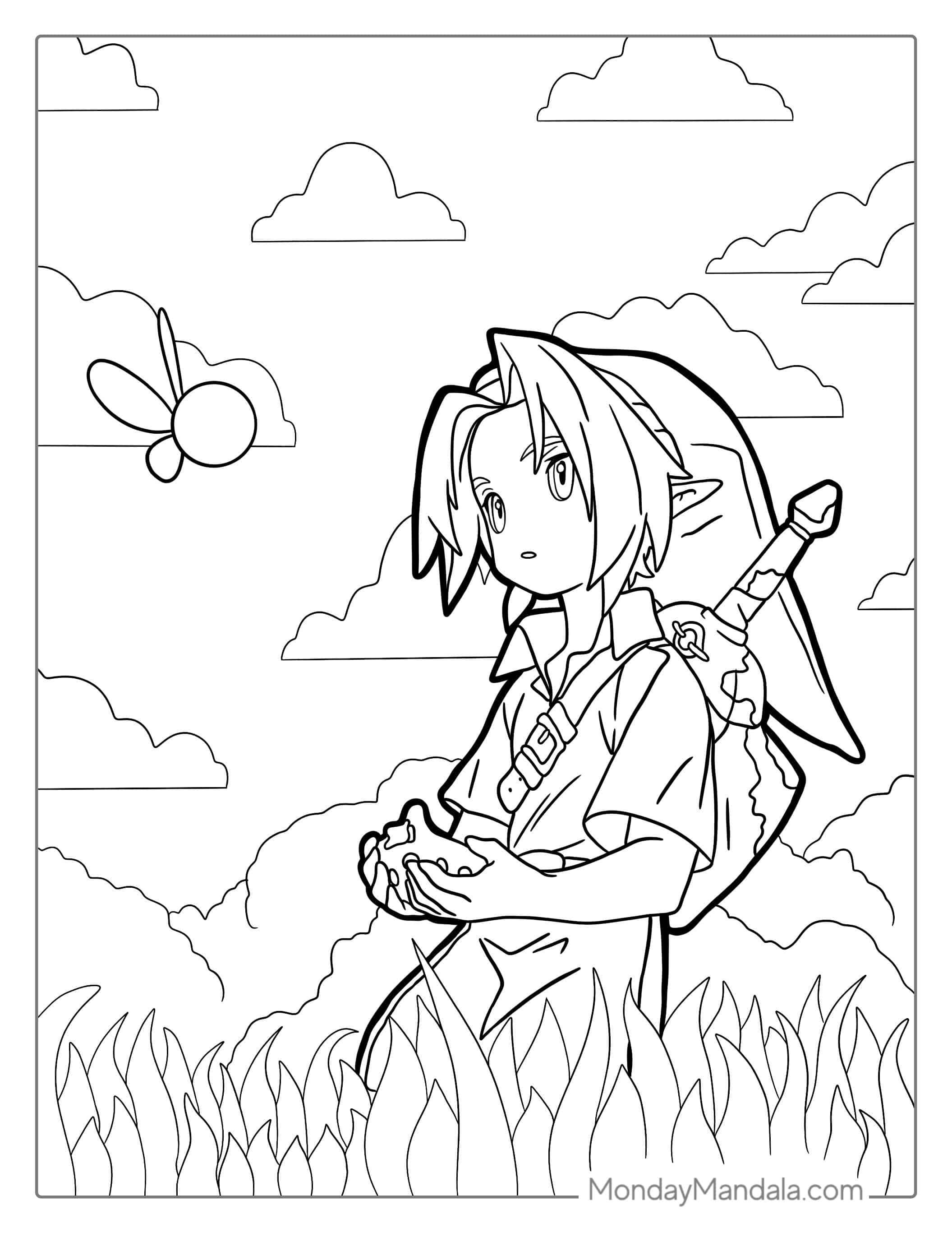 Link With Blue Flame From Zelda Coloring Page coloring page — printable line art