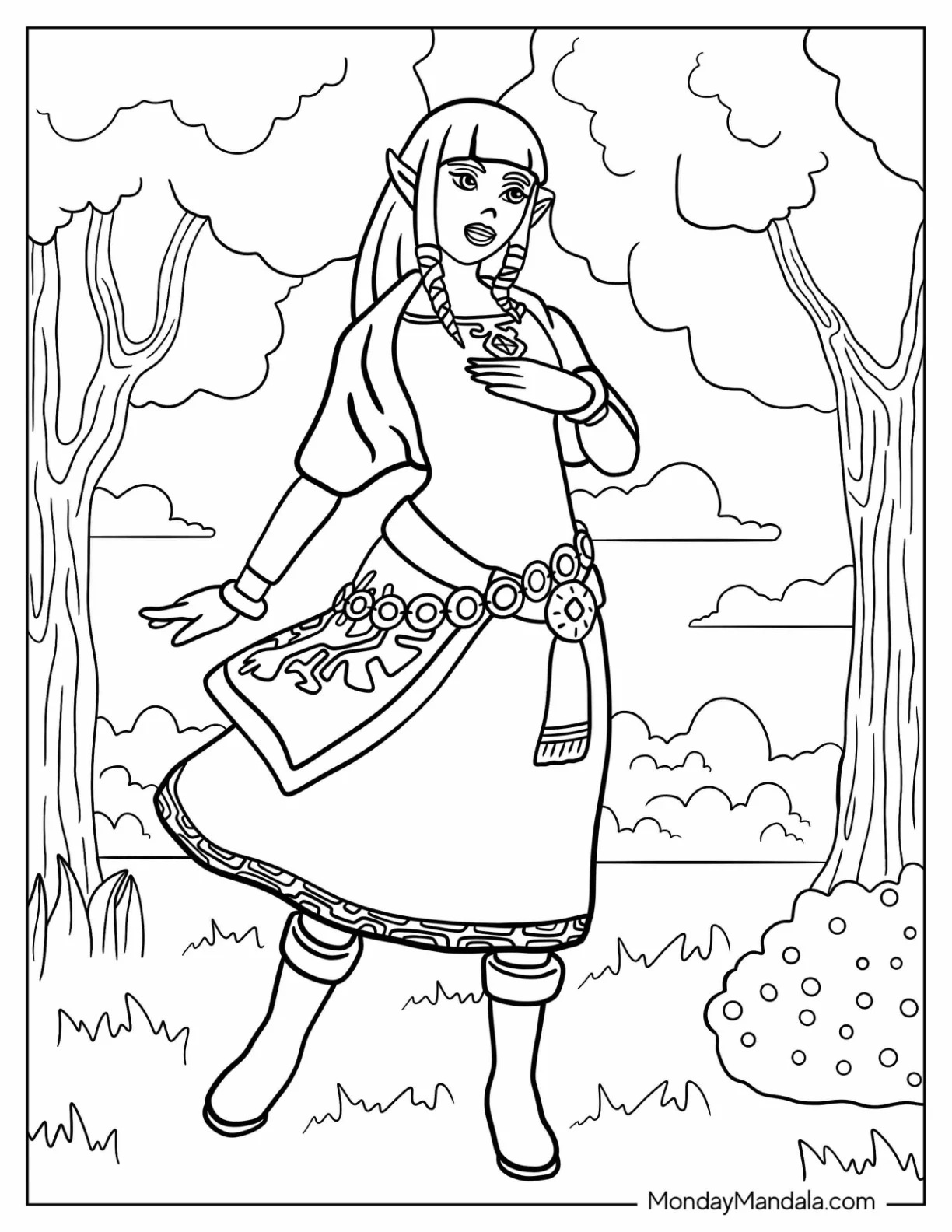 Princess Zelda Singing In The Forest Coloring Page coloring page