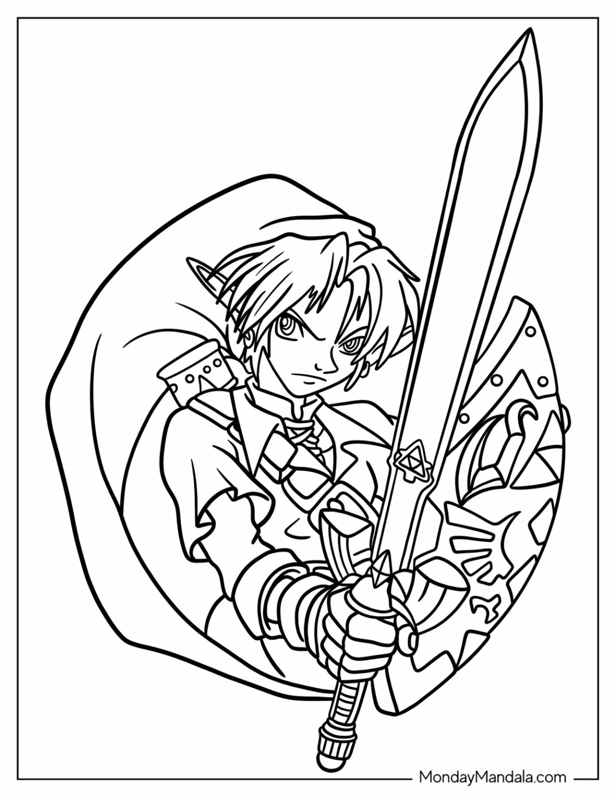 Serious Link Holding Up A Sword And Shield Coloring Page For Kids coloring page
