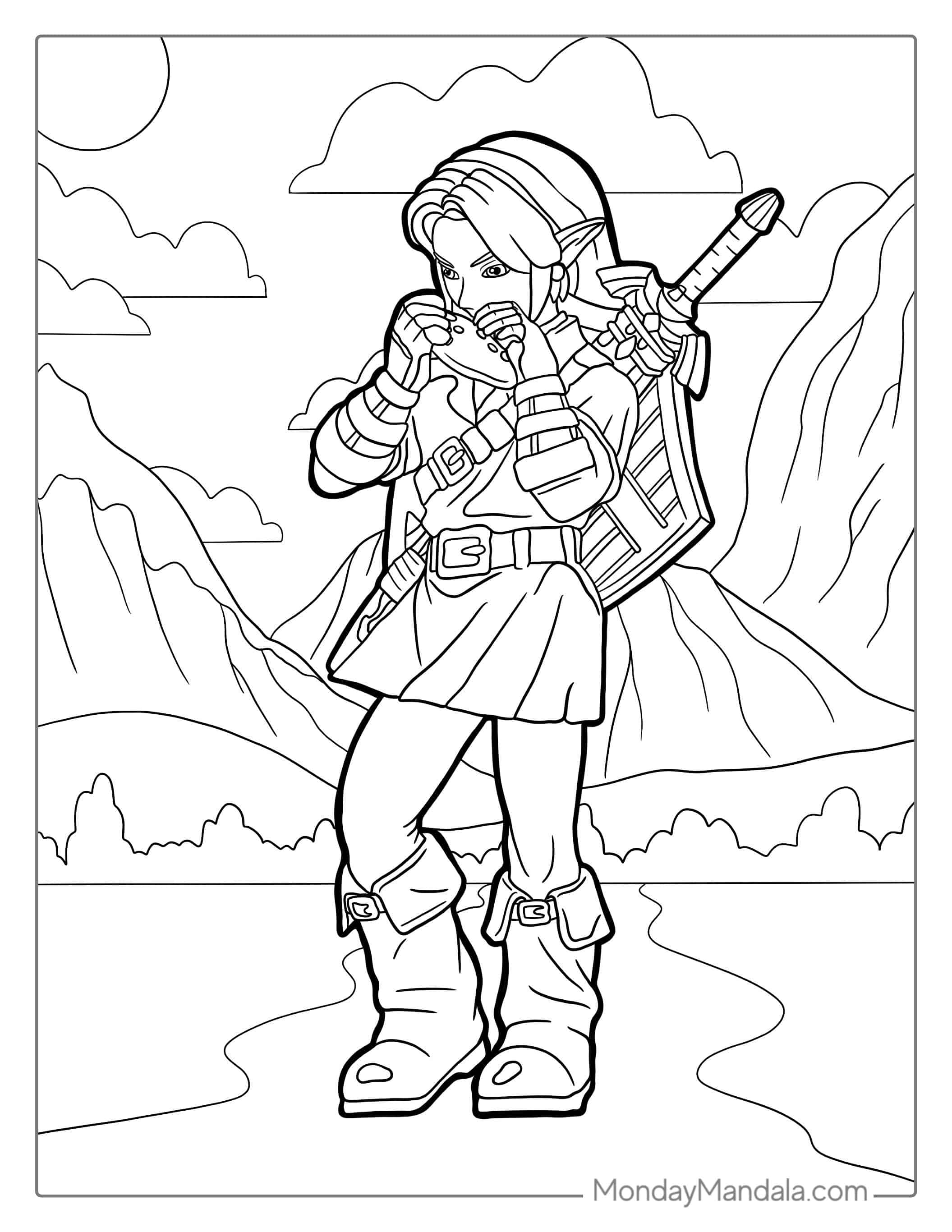 Zelda Link Playing Ocarina Coloring Page coloring page — printable line art