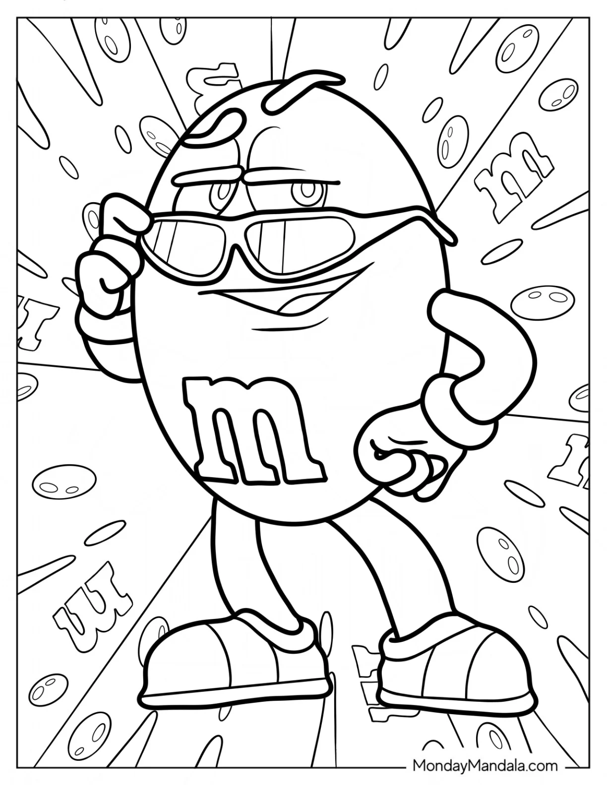 Blue M&M's Coloring Page Wearing Sunglasses coloring page — printable line art