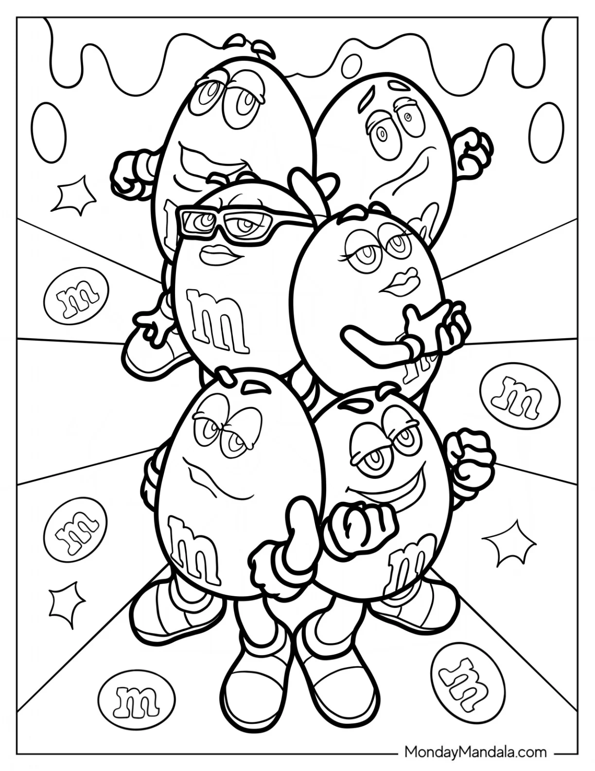 Blue, Red, Brown, Green, Yellow, And Orange M&M's Coloring Page coloring page — printable line art