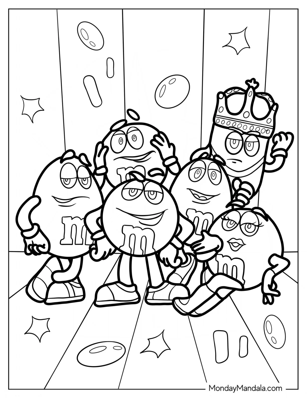 Blue, Red, Orange, Yellow, And Green M&M's Coloring Page With Mr. King coloring page — printable line art