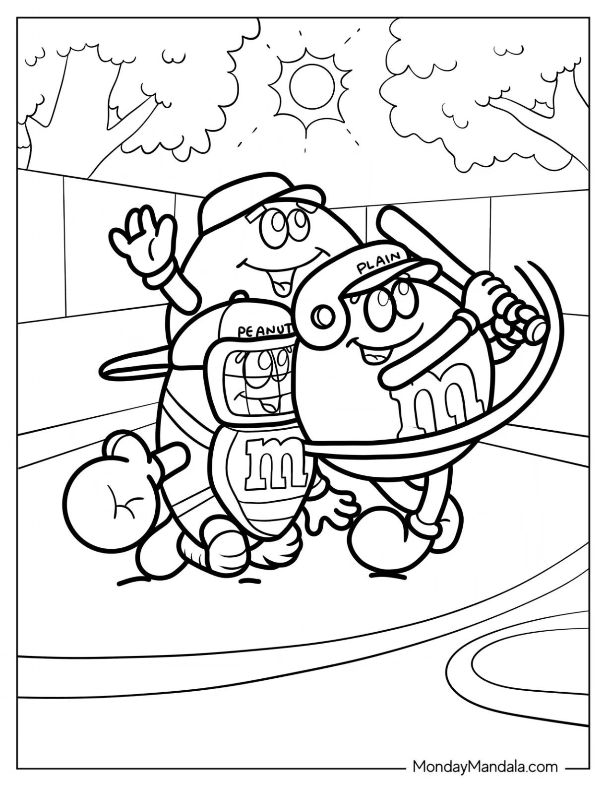 Green, Yellow, And Red M&M's Coloring Page Playing Baseball coloring page — printable line art