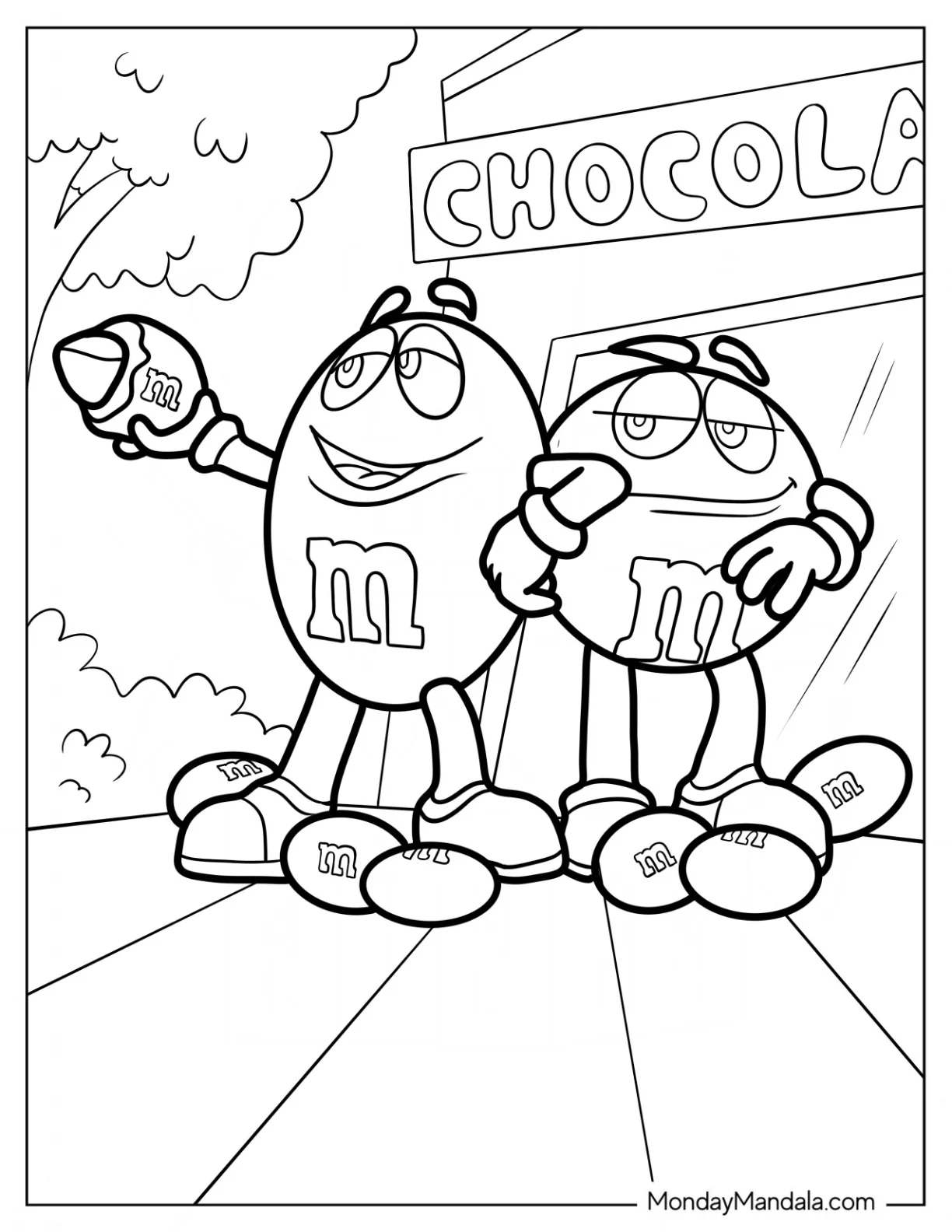 M&M's Coloring Page Yellow And Red Eating Chocolate coloring page