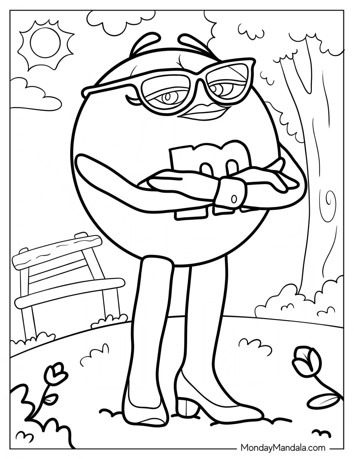Mr. Brown M&M's Coloring Page In The Park For Kids coloring page