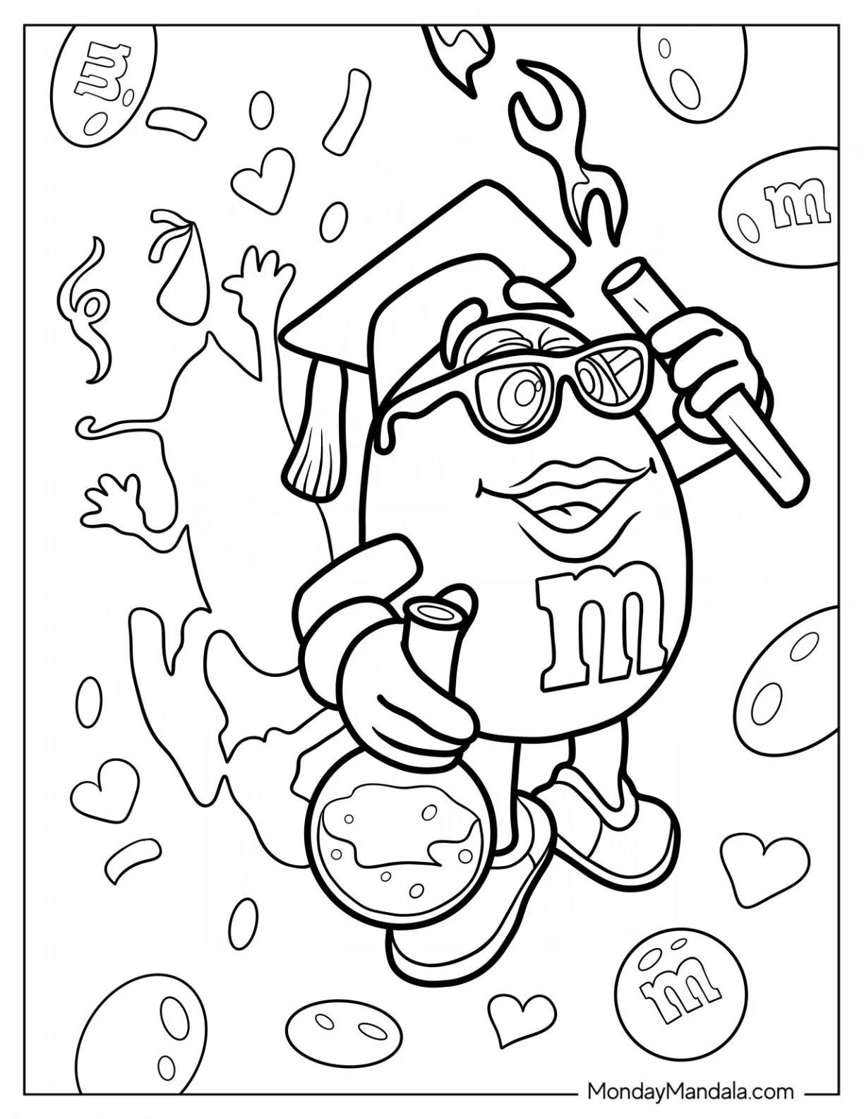 Professor Yellow M&M's Coloring Page With Graduation Cap And Diploma coloring page