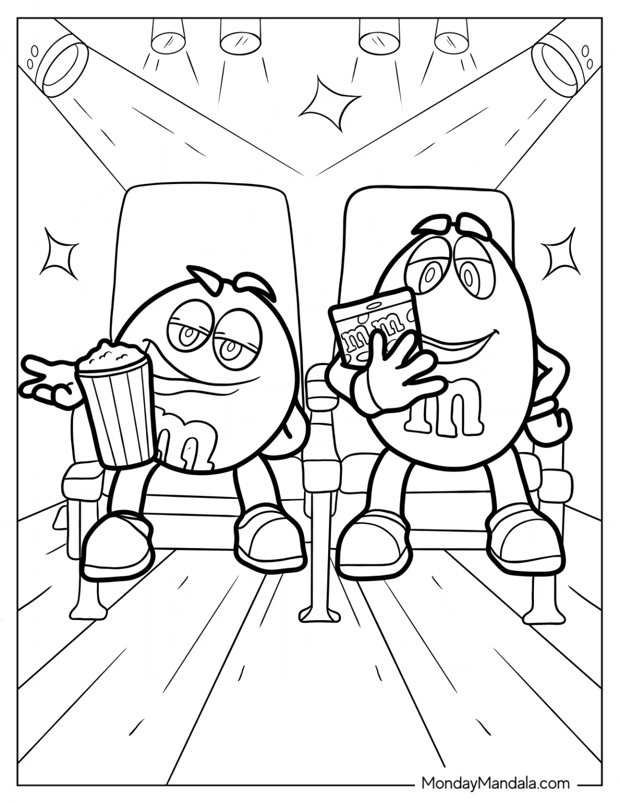 Red And Yellow M&M's Coloring Page Watching Movie In Cinema coloring page