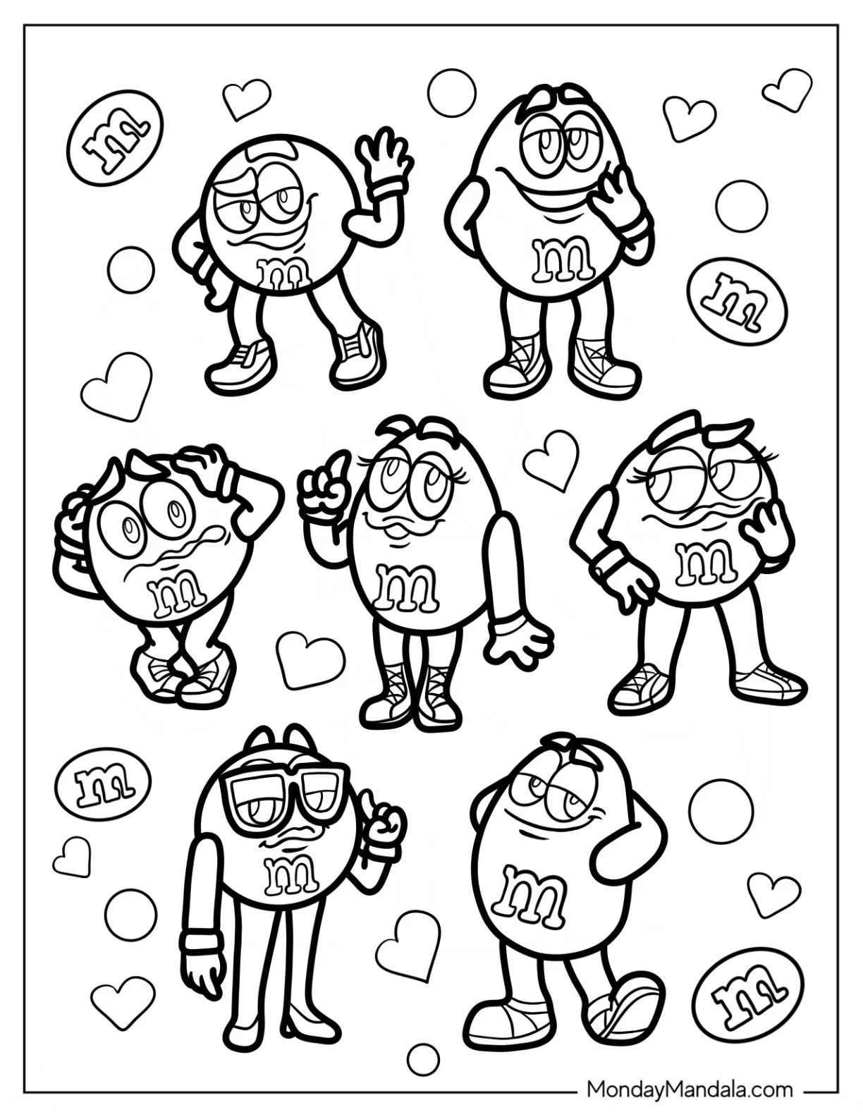 Red, Yellow, Orange, Purple, And Green M&Ms Coloring Page coloring page