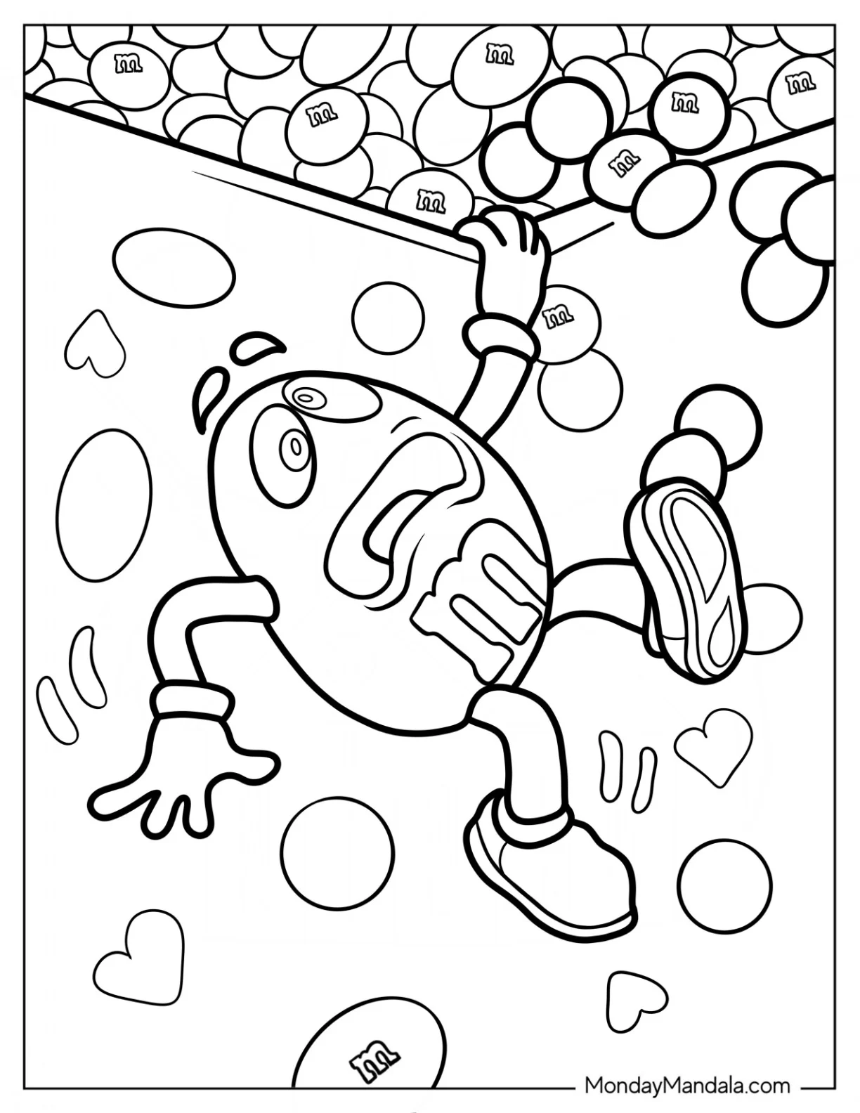 Scared Yellow M&M's Coloring Page Holding Onto Bag coloring page