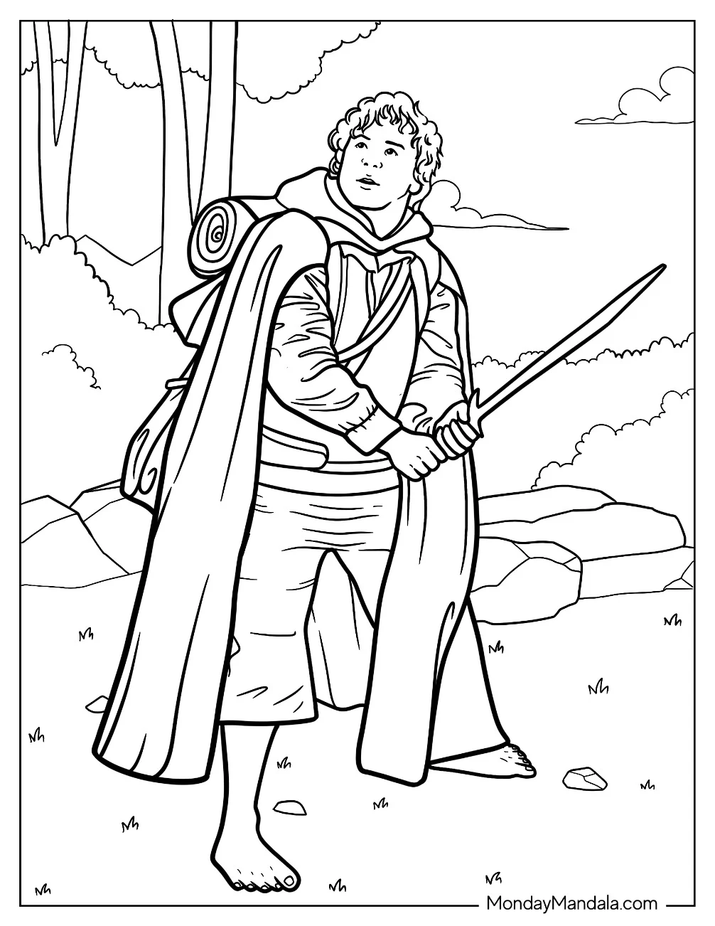 Lord Of The Rings Coloring Page Of Bilbo Baggins Holding A Sword coloring page — printable line art