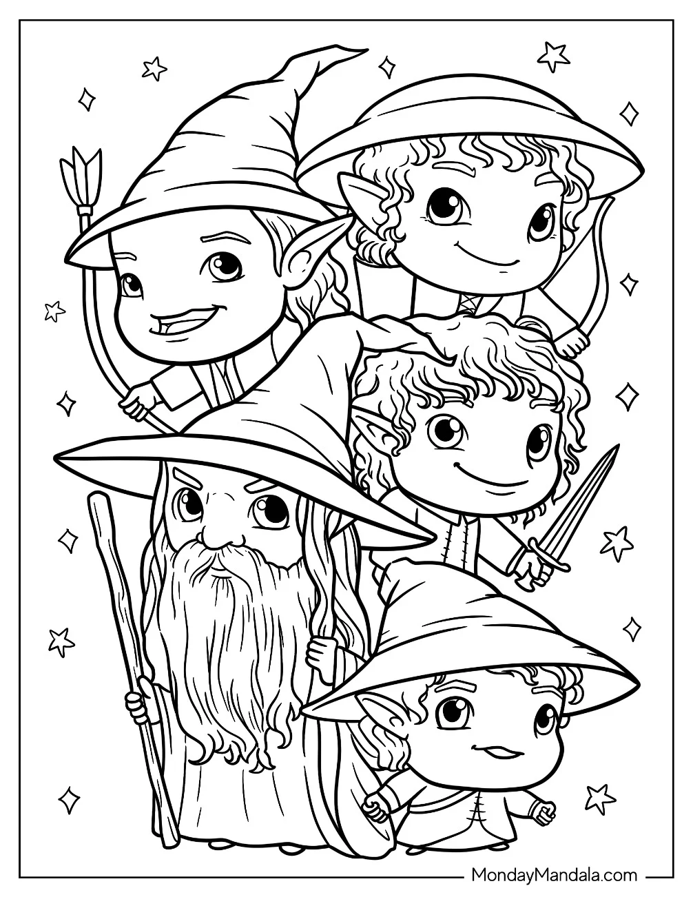 Lord Of The Rings Coloring Page Of Chibi Gandalf With Hobbits For Preschoolers coloring page — printable line art
