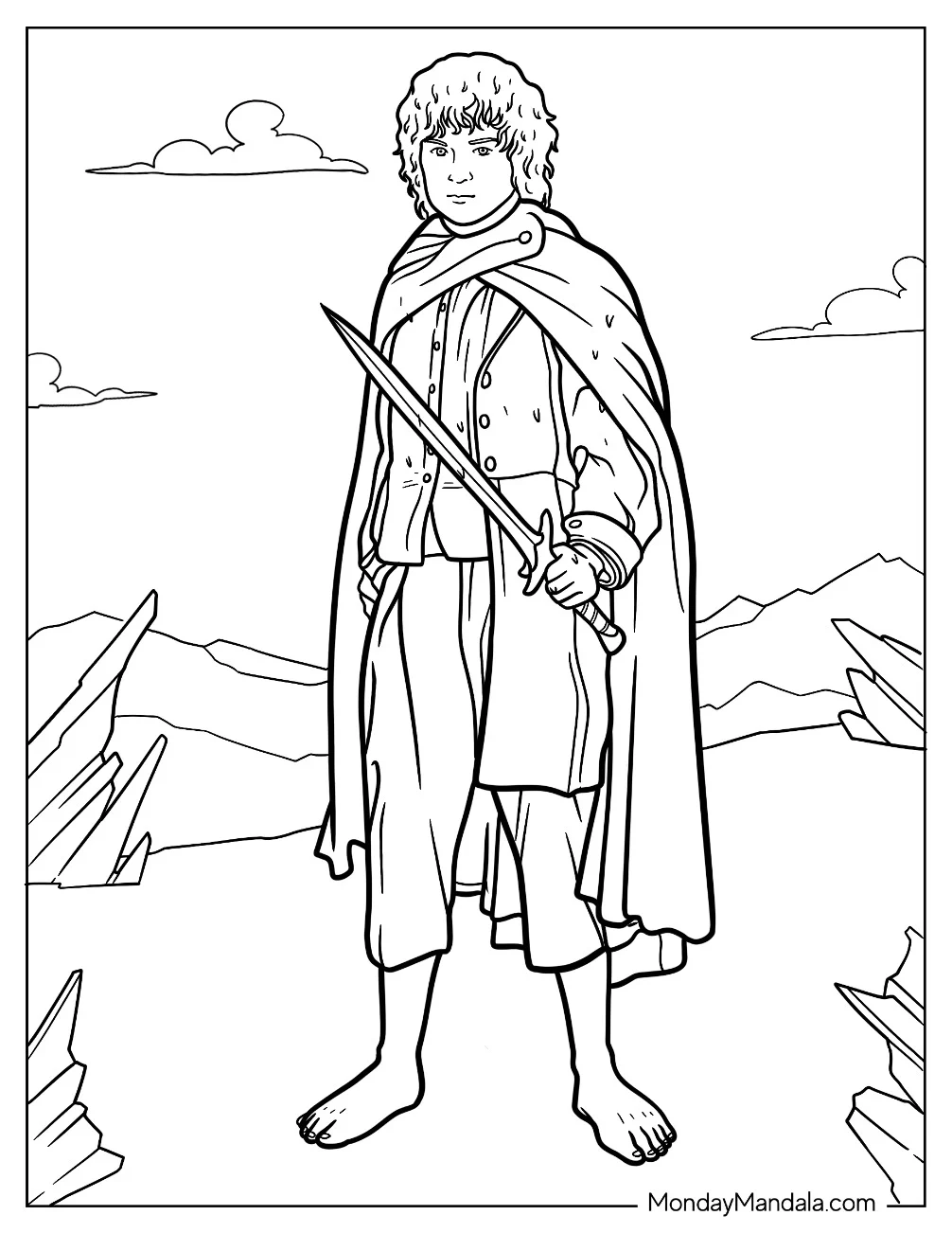 Lord Of The Rings Coloring Page Of Frodo Baggins In A Rocky Terrain coloring page — printable line art