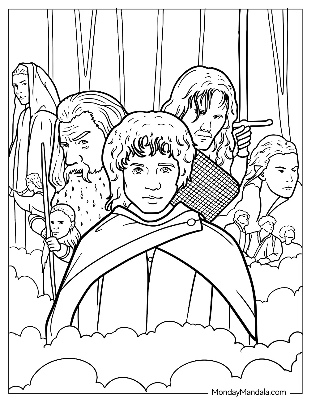 Lord Of The Rings Coloring Page Of Frodo, Gandalf, Boromir, And Companions coloring page — printable line art