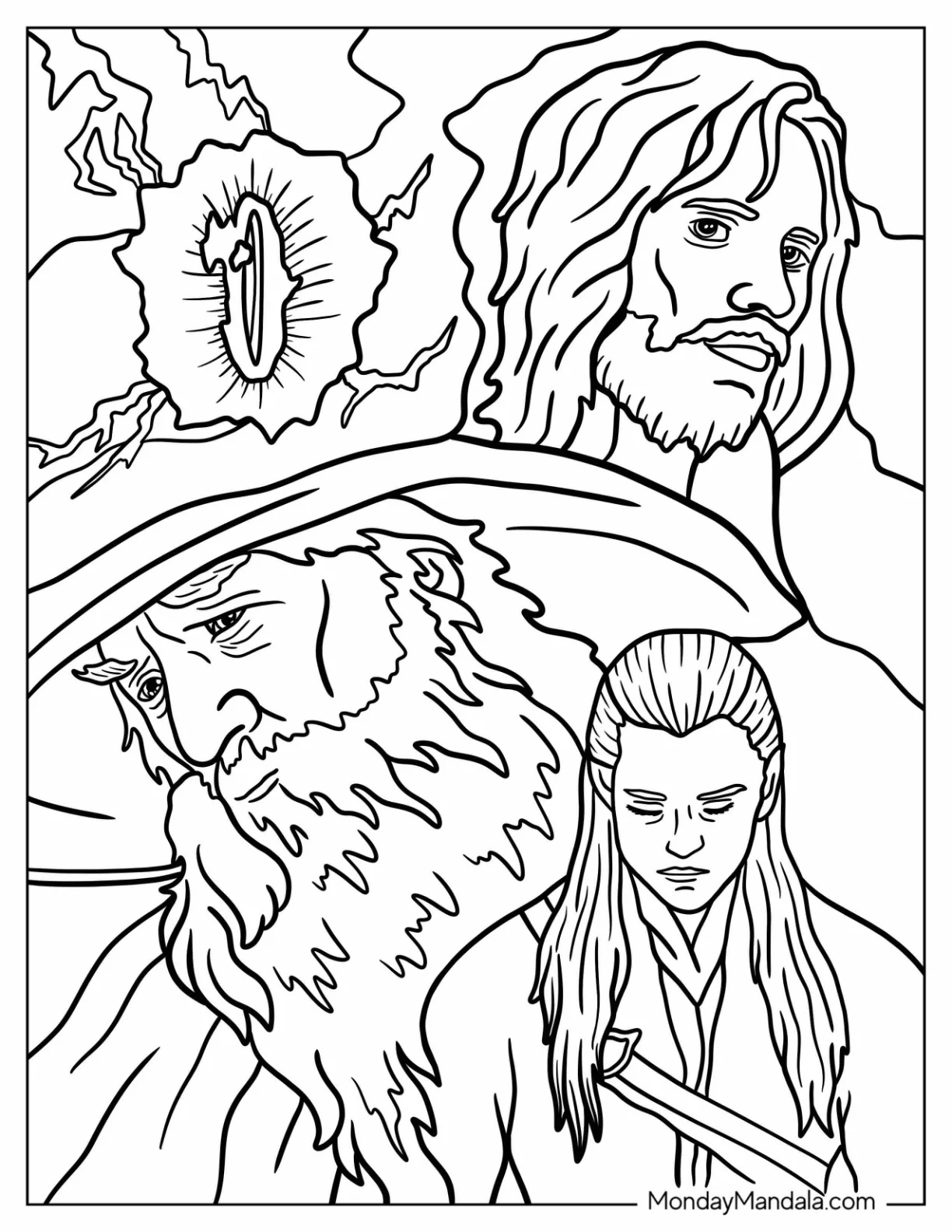 Lord Of The Rings Coloring Page Of Legolas, Gandalf, And Aragorn coloring page