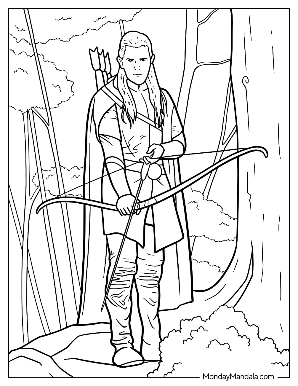 Lord Of The Rings Coloring Page Of Legolas In The Forest Holding A Bow And Arrow coloring page — printable line art