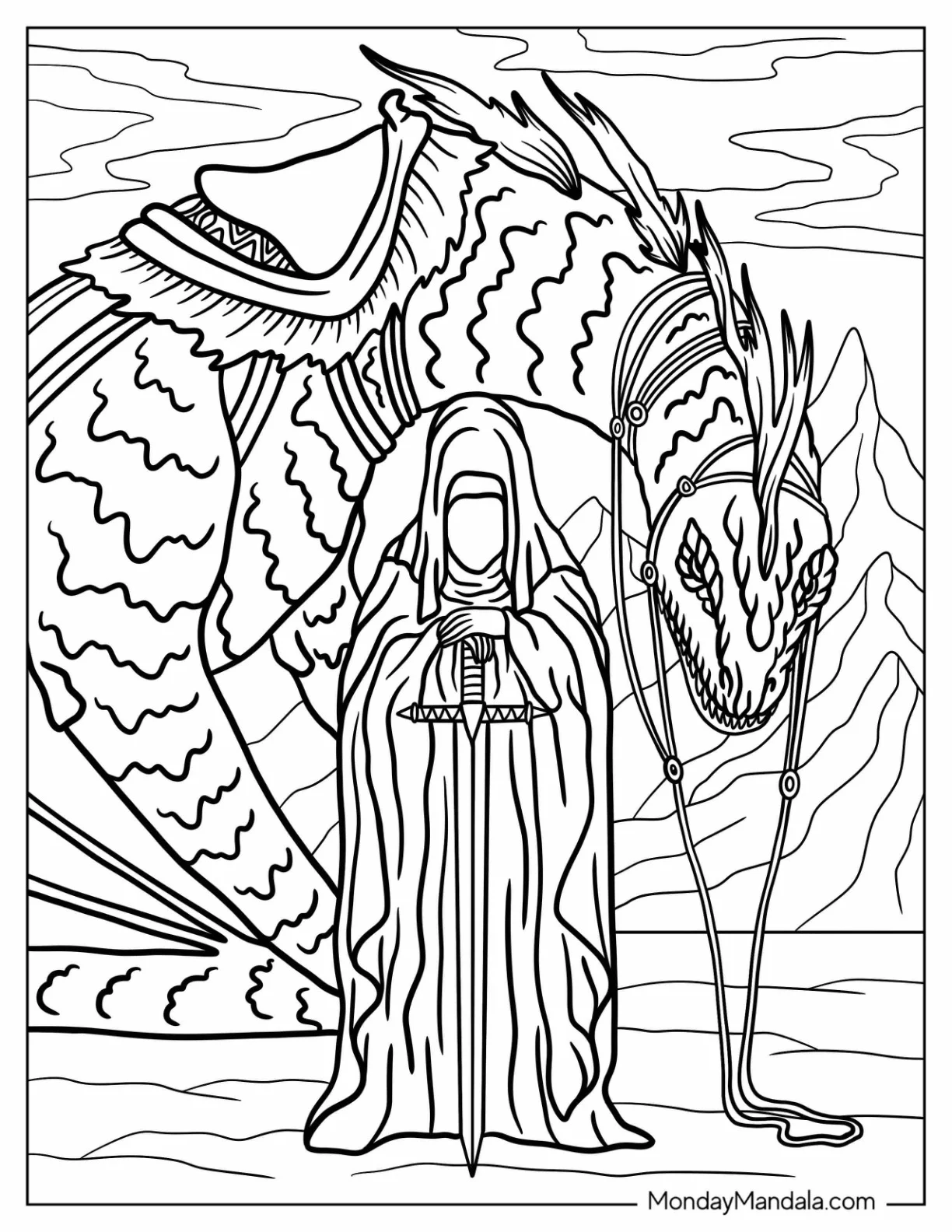 Lord Of The Rings Coloring Page Of Nazgul With Dragon In Background coloring page
