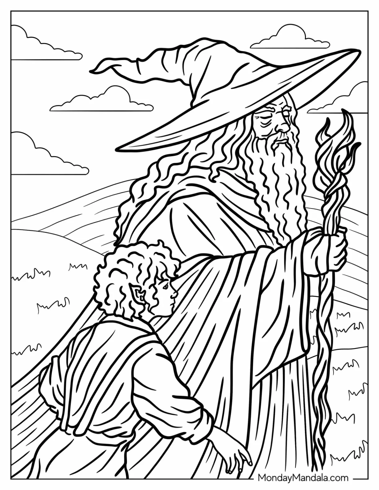 Lord Of The Rings Coloring Page Of Realistic Gandalf Walking With Frodo coloring page